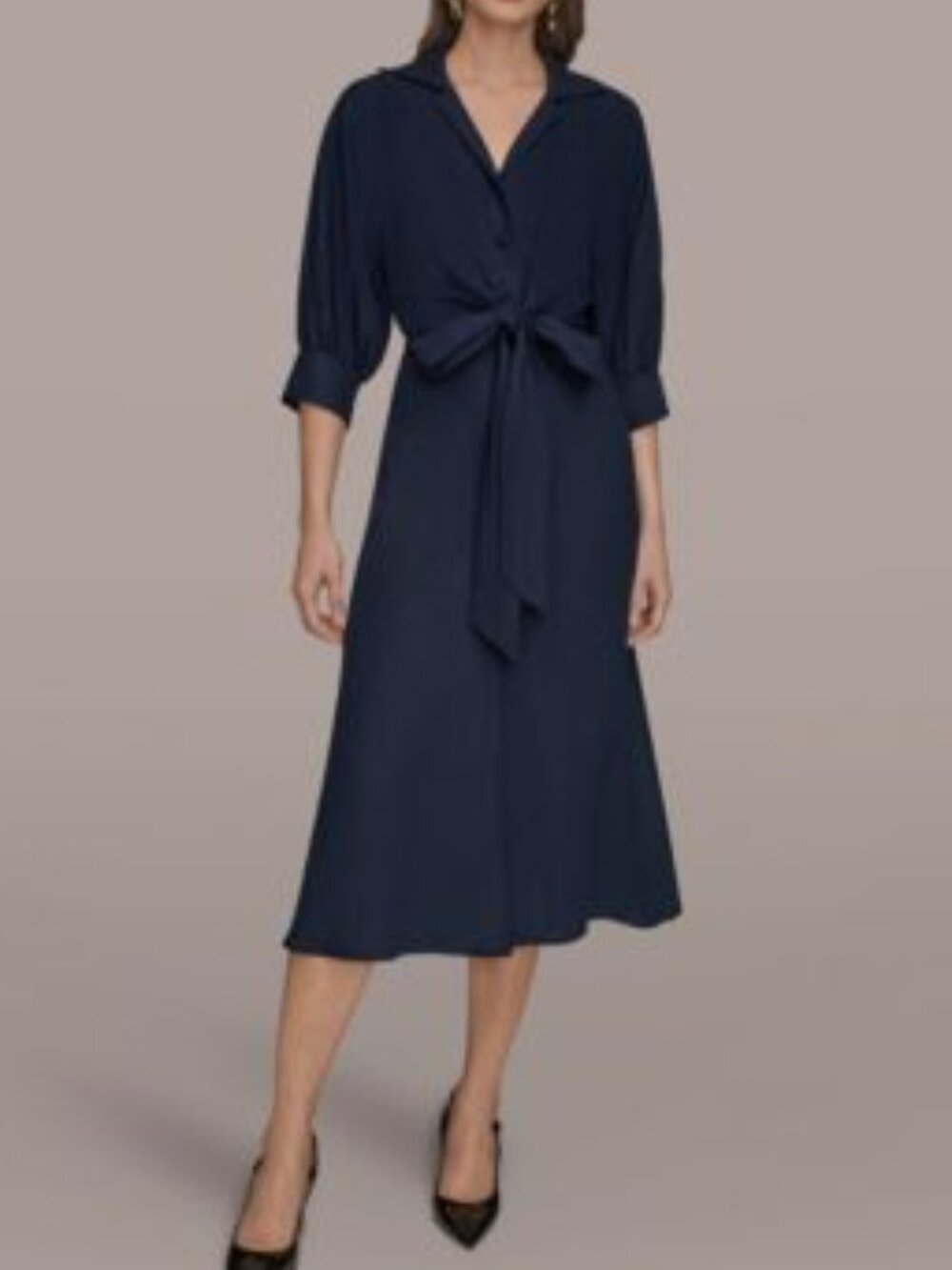 Donna Karan New York Collared 3/4-Sleeve Belted Midi Dress - Navy Blue, Size 6